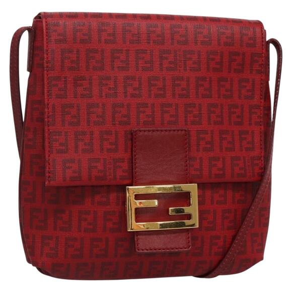 FENDI Zucchino Canvas Mamma Baguette Shoulder Bag Pvc Red Gold - Picture 1 of 12